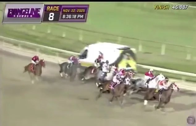 Terrifying moment jockeys swerve to narrowly avoid an oncoming AMBULANCE Eight jockeys had to dramatically swerve to avoid a head-on collision with an ambulance in a moment dubbed the most terrifying near miss in racing history on Saturday night
