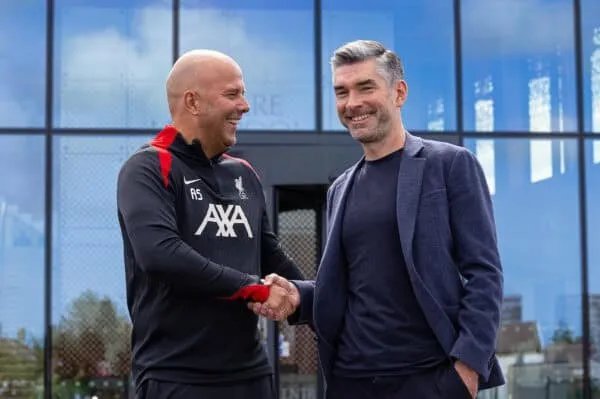 Alisson Says Players “Believe” in Arne Slot KIRKBY ENGLAND - Friday July 5 2024 Liverpool039s new head coach Arne Slot L and Sporting Director Richard Hughes R are presented at a photo call at the club039s AXA Training Centre Photo by David RawcliffePropaganda
